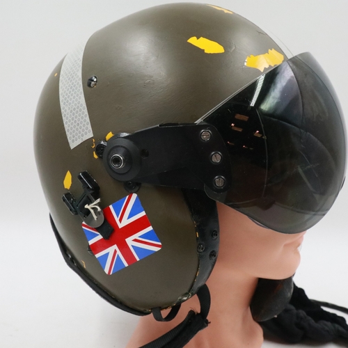 2069 - British RAF MKIV flying helmet with visor, cloth visor cover, lined and fitted with microphone. UK P... 