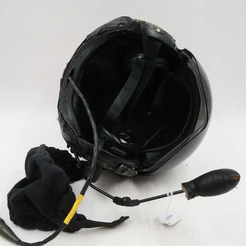 2069 - British RAF MKIV flying helmet with visor, cloth visor cover, lined and fitted with microphone. UK P... 