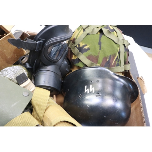 2070 - Box of mixed post-war field equipment, helmets, gas masks, flasks etc. Not available for in-house P&... 