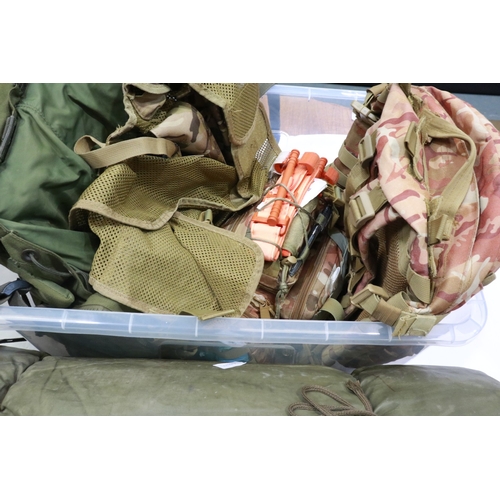2080 - Shelf of mixed military style survival equipment to include roll-up field bed, rucksacks, survival k... 