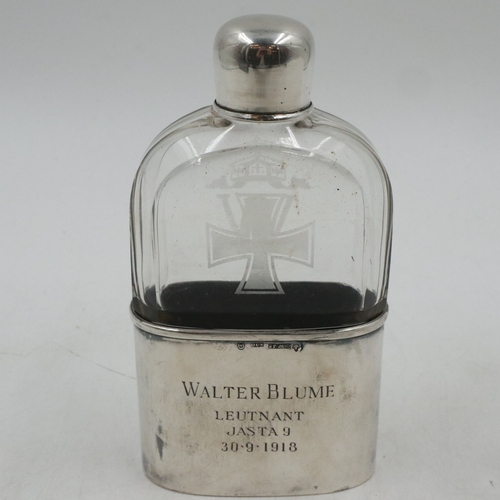 2098 - Imperial German glass hip flask with engraved silver cup, dedicated to Fighter Ace Lt Walter Blume o... 