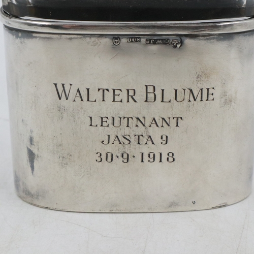 2098 - Imperial German glass hip flask with engraved silver cup, dedicated to Fighter Ace Lt Walter Blume o... 