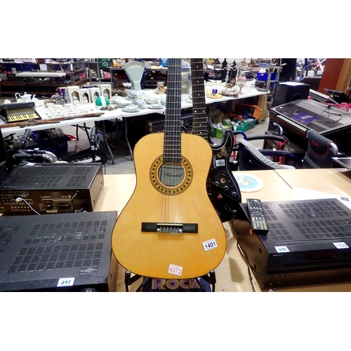 1401 - Herald HL34 six string acoustic guitar with Hercules stand and music book. Not available for in-hous... 