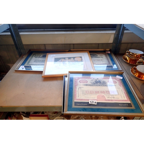 1214 - Three framed share certificates,  early Coca Cola print and print of Barry Mcguigan. Not available f... 