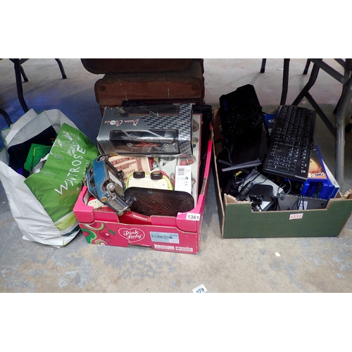 1361 - Two boxes of mixed items and bag containing Lego. Not available for in-house P&P