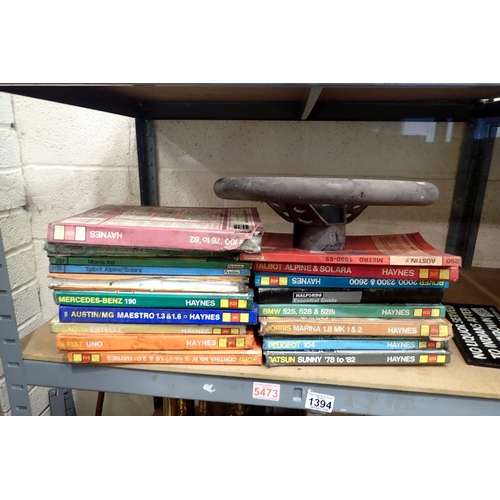 1394 - Mixed Haynes and Auto Date car repair manuals and vintage steering wheel. Not available for in-house... 