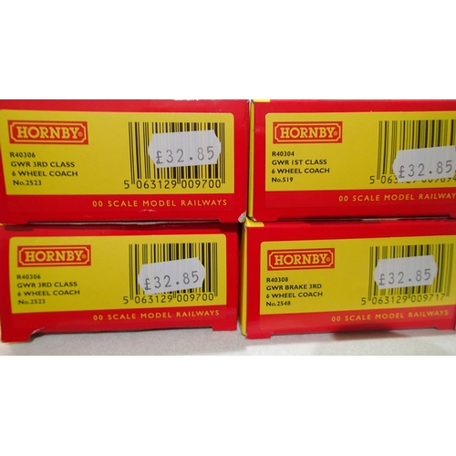 2093 - 4x Hornby GWR 4 wheel coaches, chocolate/cream, excellent condition, boxed. UK P&P Group 2 (£24+VAT ... 