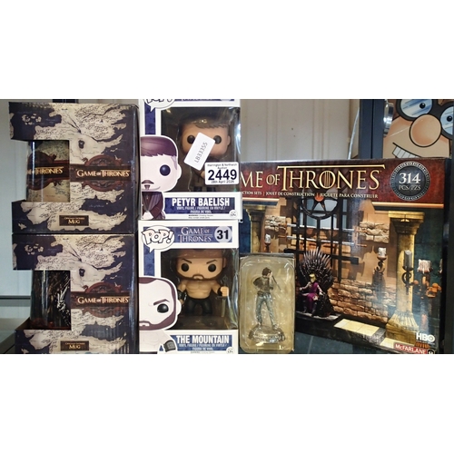 2449 - Game of Thrones: two Funko Pops (The Mountain and Petyr Baelish), McFarlane Iron Throne construction... 