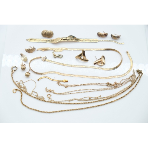 107 - Mix of 9ct gold damaged chains, five pairs of earrings, and one loose earring, 17.4g combined. UK P&... 