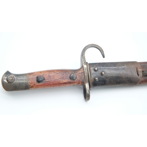 163 - 1907 Pattern hooked Quillon Bayonet with leather scabbard, no markings, possibly Indian made, blade ... 