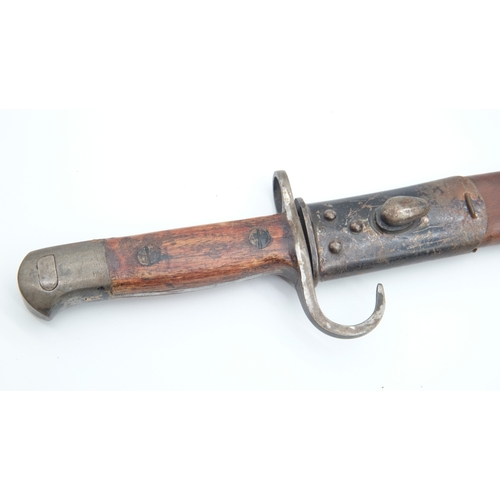 163 - 1907 Pattern hooked Quillon Bayonet with leather scabbard, no markings, possibly Indian made, blade ... 