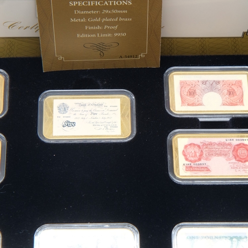 167 - History of Banking Notes ingot collection in gold plated brass. UK P&P Group 2 (£24+VAT for the firs... 