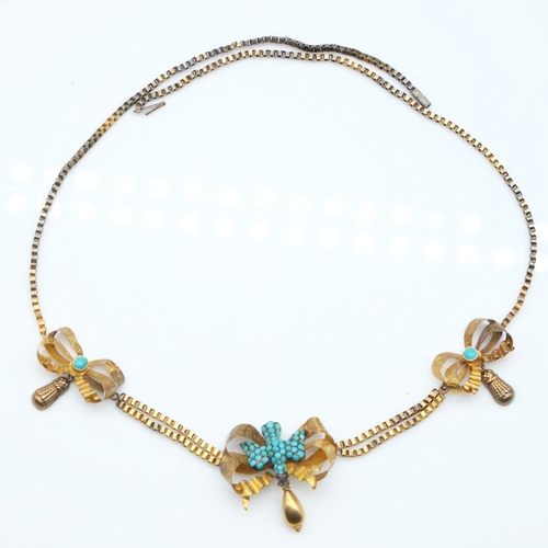 65 - Victorian 15ct gold and turquoise necklace forming a bird to centre, L: 42 cm, 9.9g. UK P&P Group 0 ... 
