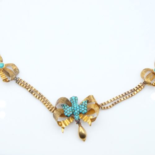 65 - Victorian 15ct gold and turquoise necklace forming a bird to centre, L: 42 cm, 9.9g. UK P&P Group 0 ... 
