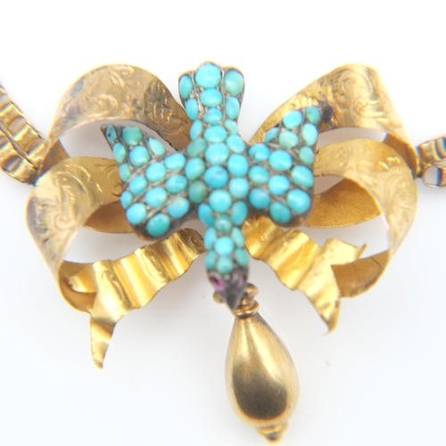 65 - Victorian 15ct gold and turquoise necklace forming a bird to centre, L: 42 cm, 9.9g. UK P&P Group 0 ... 
