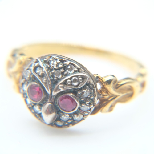 77 - Unmarked 18ct gold ruby and diamond set cluster ring forming an owl head, size N, 4.3g. UK P&P Group... 