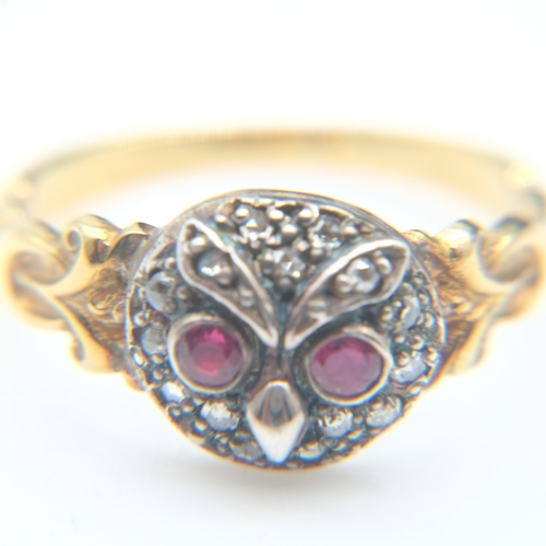 77 - Unmarked 18ct gold ruby and diamond set cluster ring forming an owl head, size N, 4.3g. UK P&P Group... 