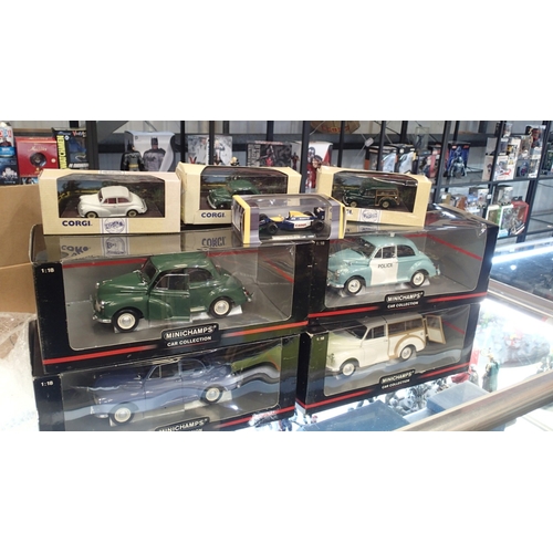 2369 - Four boxed MiniChamps car collection cars scale 1:18 and four further boxed vehicles, 3 corgi. Not a... 