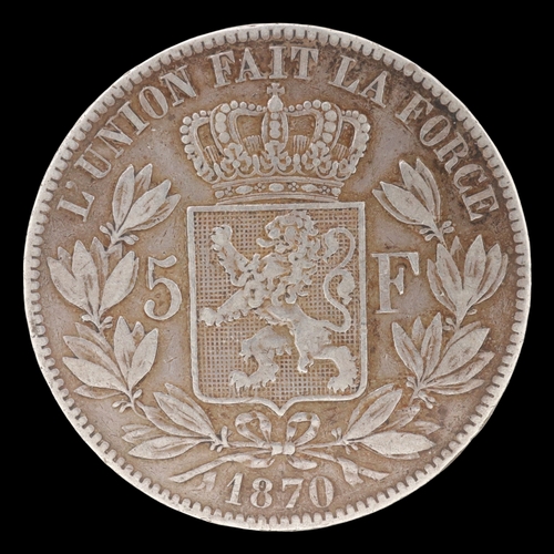 2124 - 1870 silver five Francs of Belgium. Grade VF. UK P&P Group 0 (£7+VAT for the first lot and £1+VAT fo... 