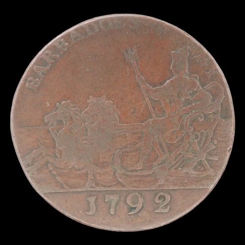 2126 - 1792 Barbados penny slavery token 'I serve'. Grade nVF. UK P&P Group 0 (£7+VAT for the first lot and... 