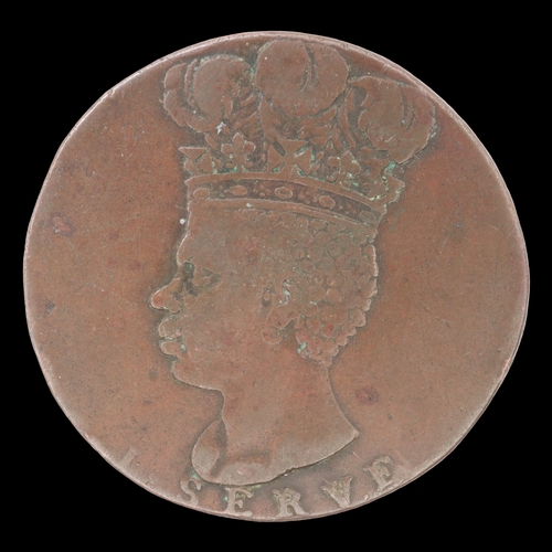2126 - 1792 Barbados penny slavery token 'I serve'. Grade nVF. UK P&P Group 0 (£7+VAT for the first lot and... 