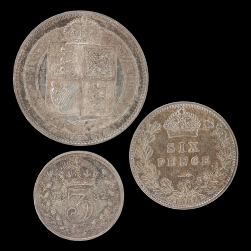 2151 - 1887 silver trilogy of queen Victoria: threepence, sixpence and shilling - EF grade with toning. UK ... 