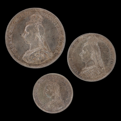 2151 - 1887 silver trilogy of queen Victoria: threepence, sixpence and shilling - EF grade with toning. UK ... 