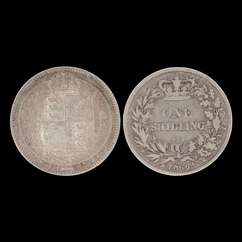 2152 - 1866 (die 8) silver shilling of queen Victoria, with an 1887 Jubilee example - circulated. UK P&P Gr... 