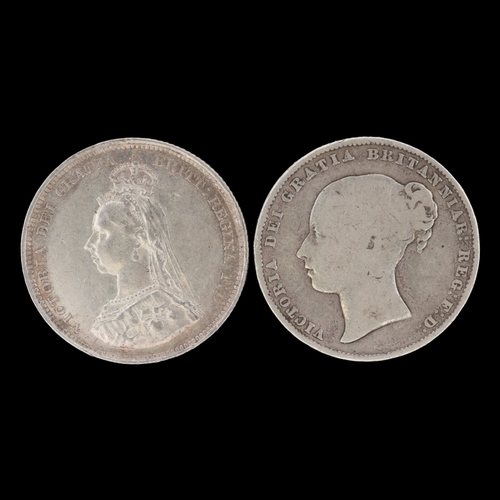 2152 - 1866 (die 8) silver shilling of queen Victoria, with an 1887 Jubilee example - circulated. UK P&P Gr... 