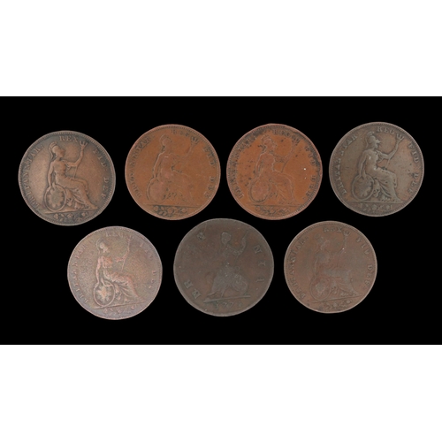 2174 - Seven circulated farthings from Early milled to Victorian. UK P&P Group 0 (£7+VAT for the first lot ... 