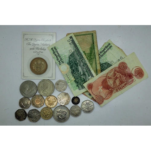 1043 - Mixed UK coins and notes including two £5 examples Not available for in-house P&P