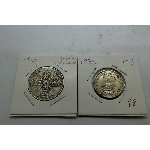 1089 - Silver florin and shilling of George V. UK P&P Group 0 (£7+VAT for the first lot and £1+VAT for subs... 