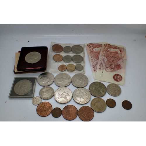 1096 - Mixed UK coins and two ten shilling notes.  UK P&P Group 1 (£18+VAT for the first lot and £2+VAT for... 
