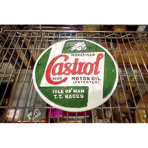 1343 - Cast iron Castrol motor oil wall plaque, D: 25 cm. UK P&P Group 1 (£18+VAT for the first lot and £2+... 