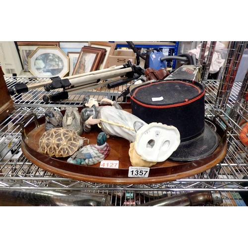 1357 - Tray of mixed collectables to include French kepi hat. Not available for in-house P&P
