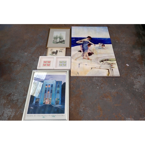 1377 - Six original paintings and prints, 5 framed, largest being 120 x 72cm. Not available for in-house P&... 