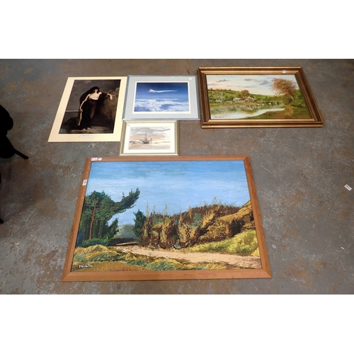 1383 - Five original oils and paintings, four framed, largest being 107 x 79cm. Not available for in-house ... 