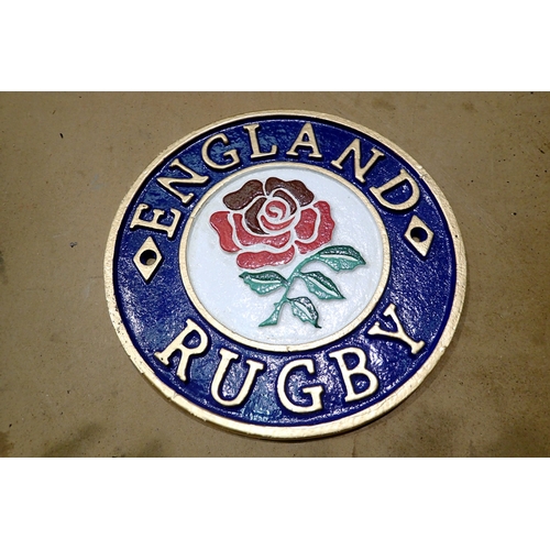 1036 - Cast iron England Rugby wall sign, D: 24 cm. UK P&P Group 1 (£18+VAT for the first lot and £2+VAT fo... 