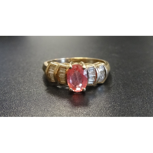 65 - PINK GEM (POSSIBLY SAPPHIRE) AND DIAMOND DRESS RING
the central oval cut pink gemstone flanked by ba... 