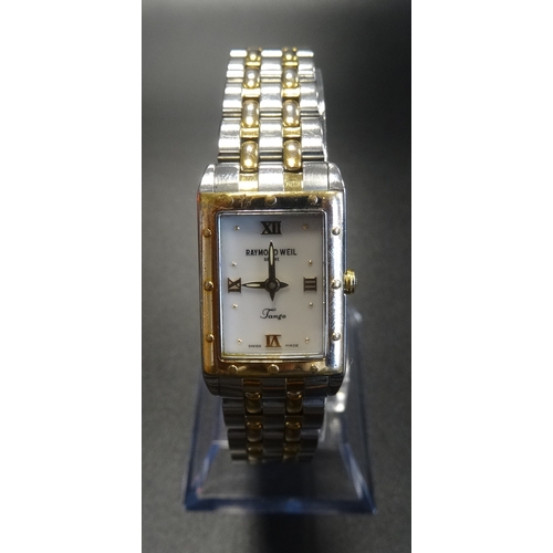 89 - LADIES RAYMOND WEIL TANGO COLLECTION WRISTWATCH
the mother of pearl dial with Roman numerals at the ... 