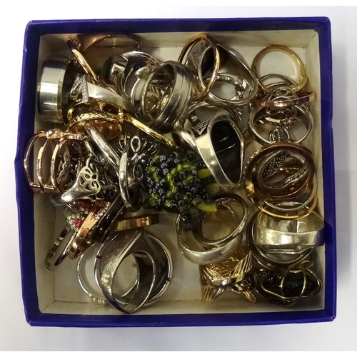 96 - SELECTION OF SILVER AND OTHER RINGS
including mother of pearl and stone set examples, 1 box