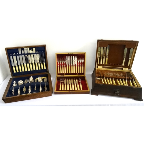 161 - THREE PART CANTEENS OF CUTLERY
two in oak cases and the other in mahogany case