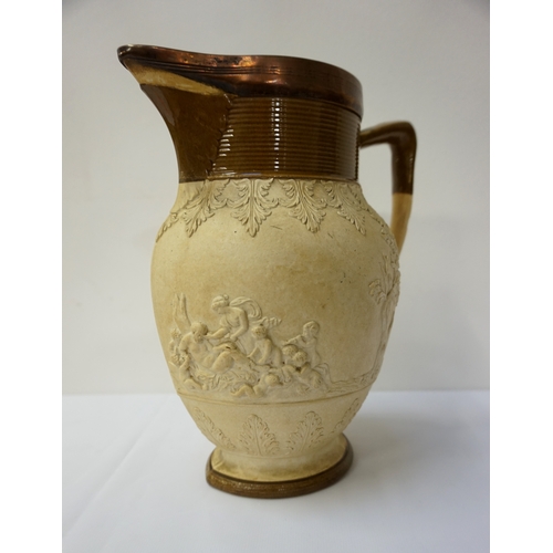 175 - 19th CENTURY 'ADAMS' STONEWARE JUG 
with Thomas Law & Co. plate mounted rim, the shaped body with re... 