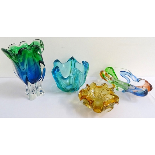 201 - SELECTION OF COLOURED GLASSWARE
including a shell shaped ceiling light shade and various irregular s... 