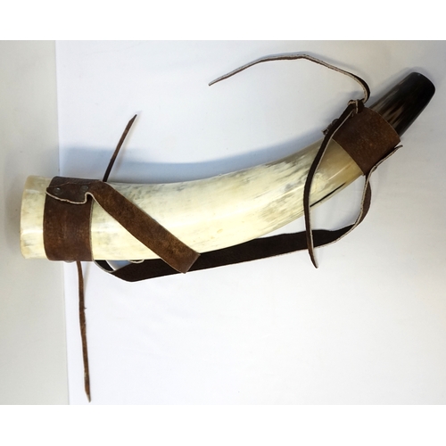 246 - LARGE COW HORN FLASK
with a modern leather shoulder strap, 46.5cm long  - RE-OFFERED IN TIMED AUCTIO... 