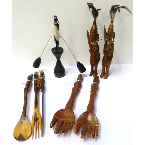 264 - SELECTION OF AFRICAN CARVED HARDWOOD ORNAMENTS
including an ebonised Kenyan rocking warrior desk orn... 