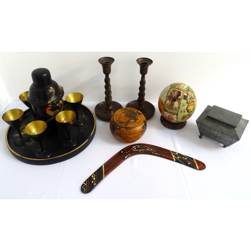 285 - MIXED LOT OF COLLECTABLES
including an ebonised cocktail set with gilt decoration, a pair of barley ... 