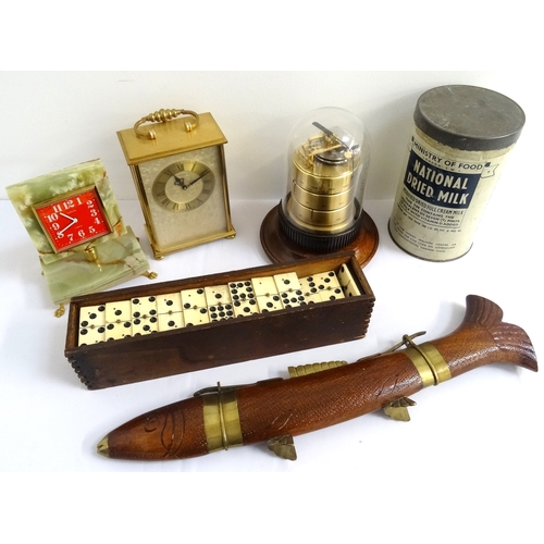 287 - MIXED LOT OF COLLECTABLES
including a set of postal scales, wooden chess pieces, a boxed bone domino... 