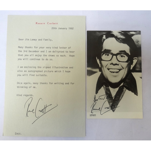 305 - RONNIE CORBETT SIGNED BLACK AND WHITE PHOTOGRAPH 
14cm x 9cm, together with a typed signed letter on... 