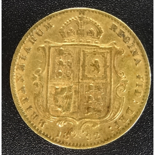 335 - VICTORIA GOLD HALF SOVEREIGN COIN
with shield reverse, dated 1892